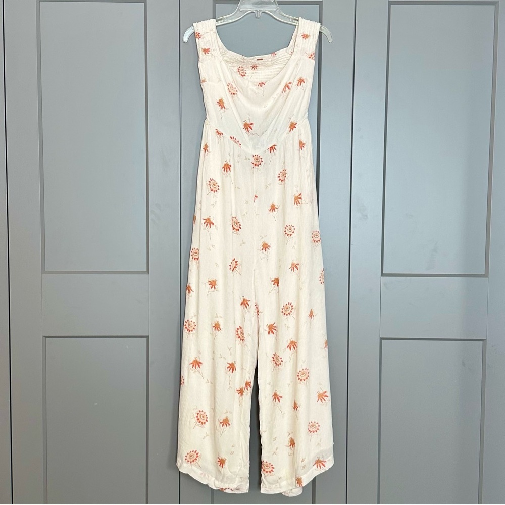 Free People Aster Printed Jumpsuit Wide Leg Smocked Floral White/Orange Sz Small